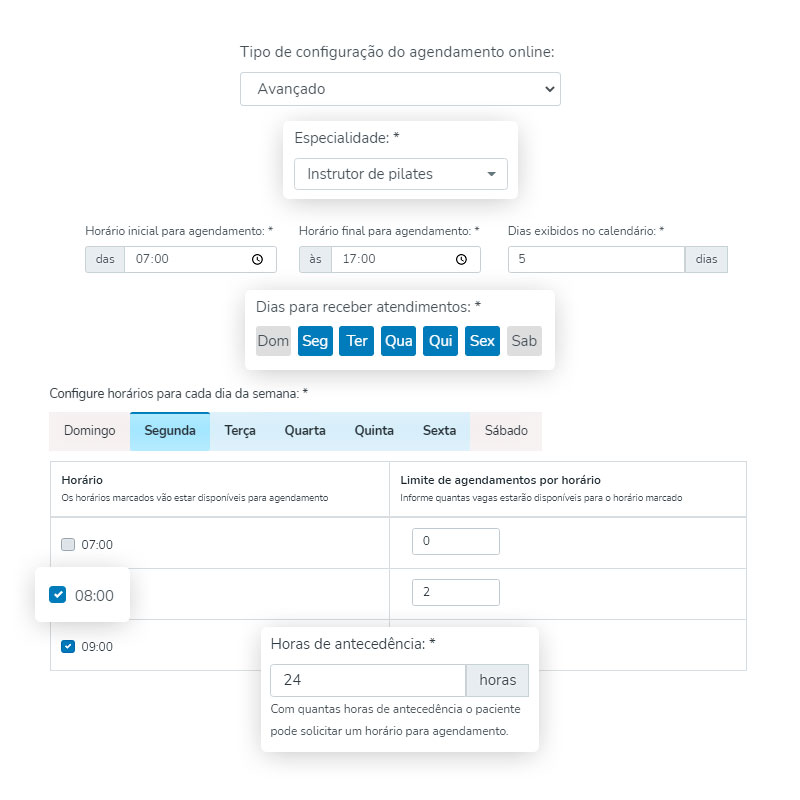 Configurações de agendamento online para clientes e pacientes