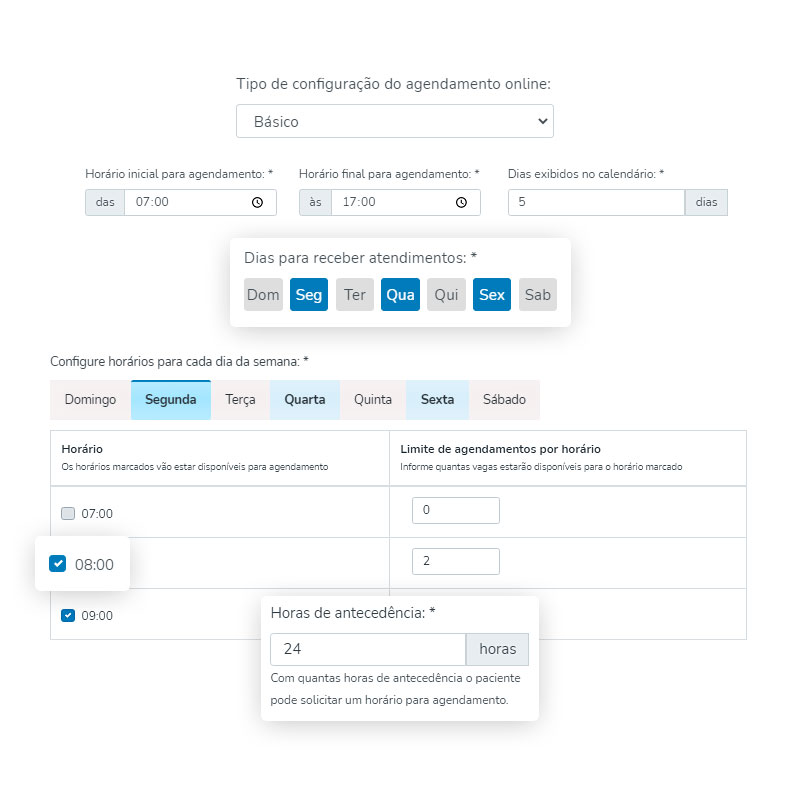 Configurações de agendamento online para clientes e pacientes