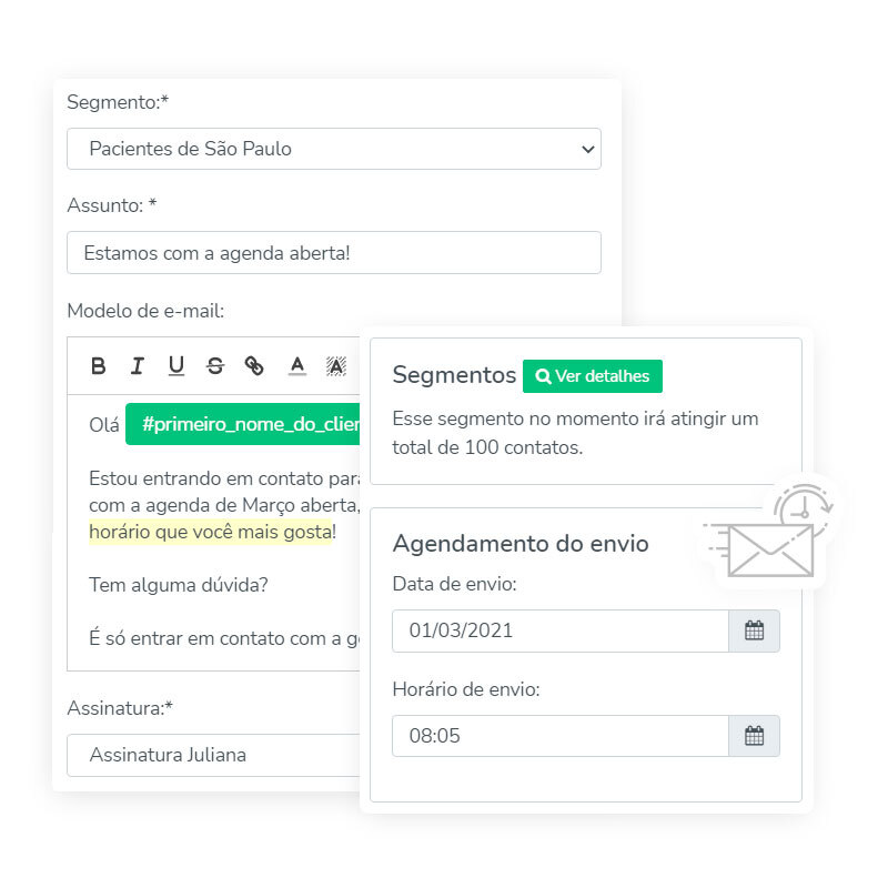 Configuração e formatação de mensagens para agendamento e envio por e-mail