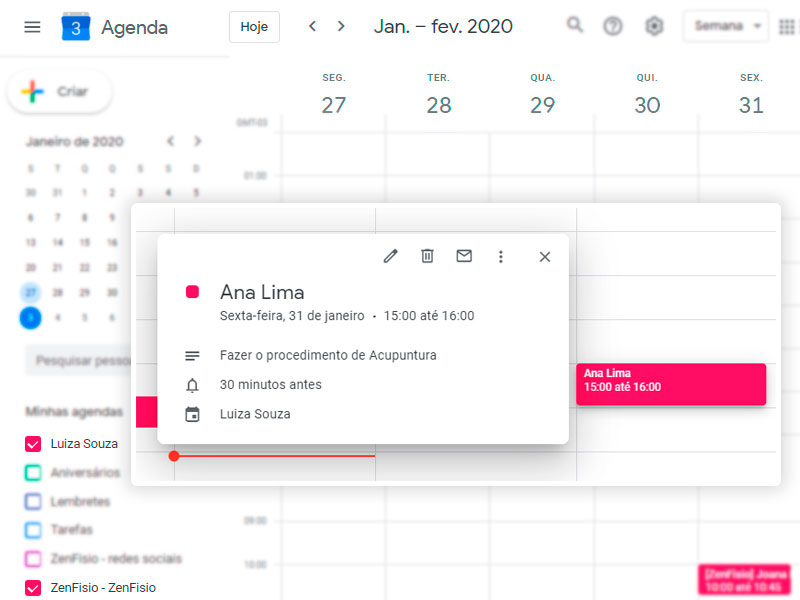 Exibição de agendamentos do ZenFisio no Google Agenda