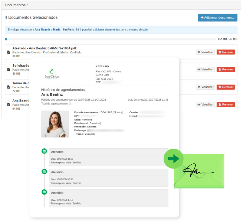 Cadastro de envelope com diferentes documentos para assinatura unificada