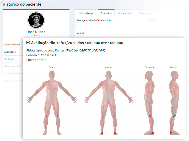 Atendimentos com marcação de pontos de dor e prontuário eletrônico dos pacientes