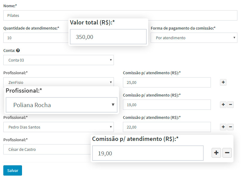 Cadastro de pacotes de atendimento e comissão por pacotes e atendimentos