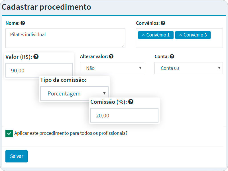 Cadastro de procedimentos com comissão e registro de pagamentos por profissional