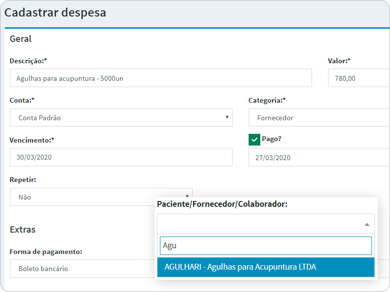 Lançamento de despesas por fornecedor e colaborador