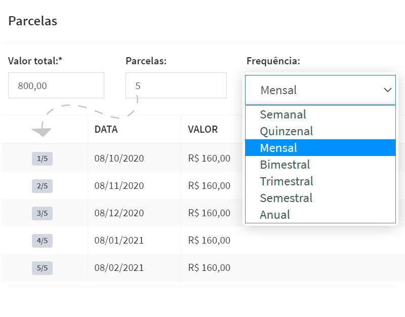 Lançamento de movimentos financeiros parcelados