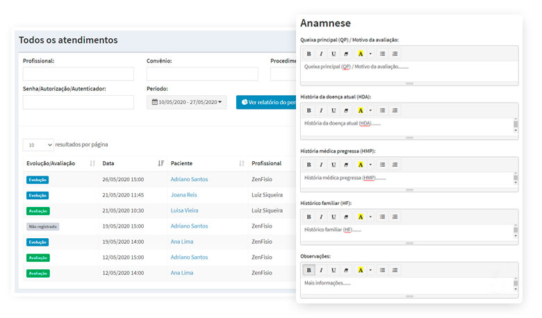 Registro de atendimentos, com avaliação e evolução dos pacientes