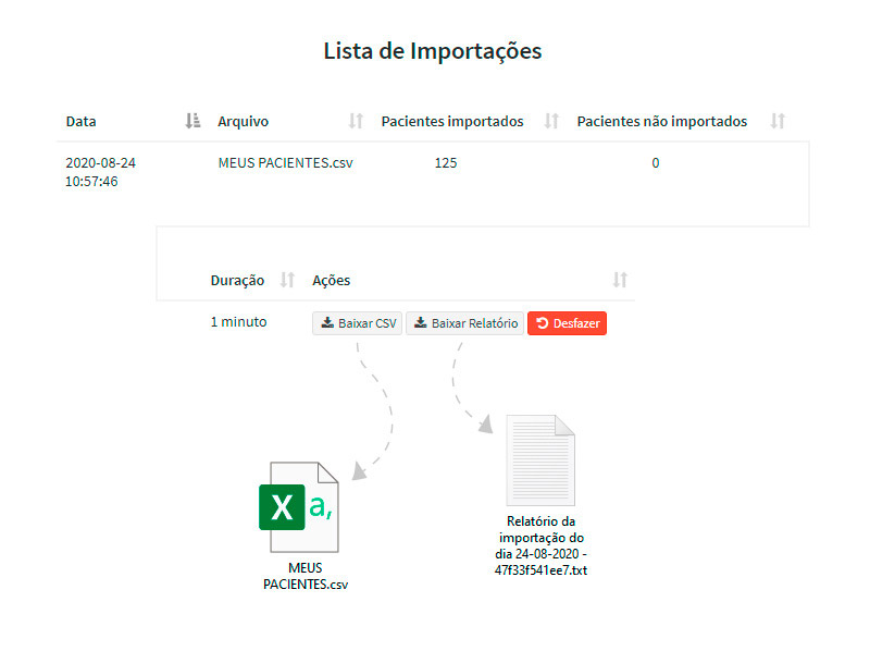 Relatório de importação com pacientes cadastrados no sistema