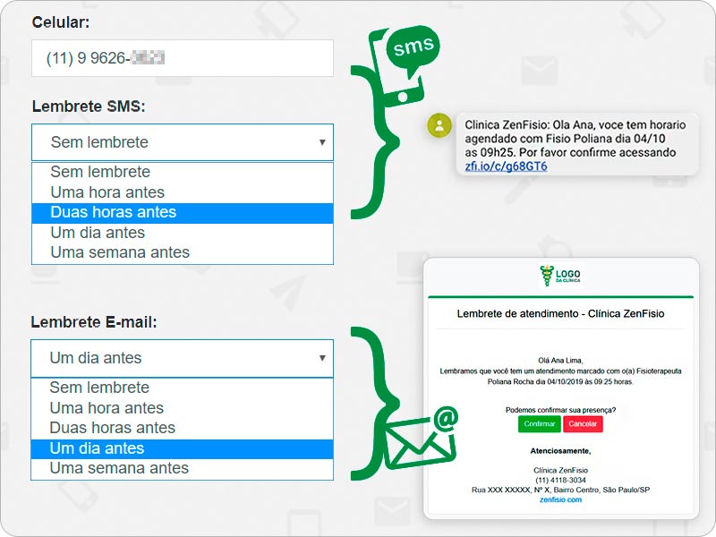 Configuração de envio de lembretes por SMS e e-mail