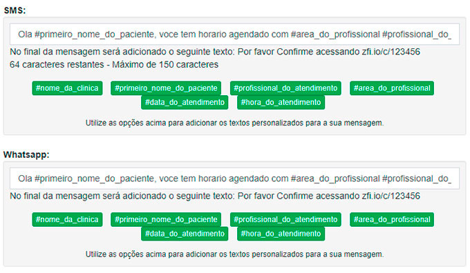 Personalização de mensagens de lembrete de atendimento por SMS, e-mail e WhatsApp