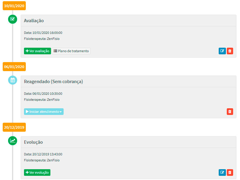 Histórico de atendimentos, avaliações e evoluções dos pacientes