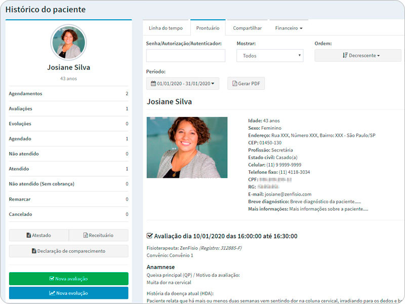 Prontuário eletrônico dos pacientes no ZenFisio