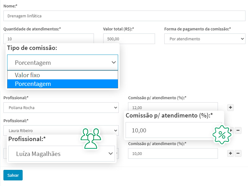 Comissão de profissionais por porcentagem e valor fixo nos pacotes de atendimento